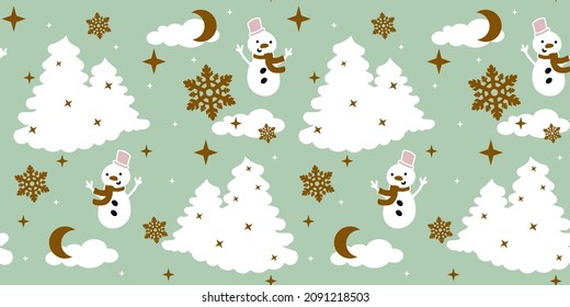 Seamless pattern. winter forest with fir trees. Snowman in the forest. Snowflakes on a green background. Suitable for gift wrapping, backdrops and fabrics.