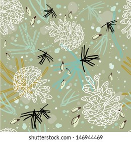 Seamless pattern of winter forest and pine cones.