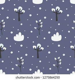 Seamless pattern with winter forest, print for kids. Vector illustration.