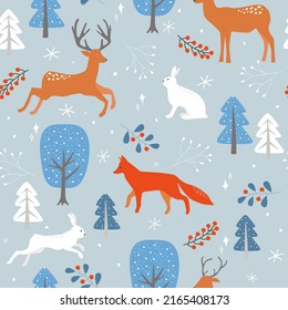 Seamless pattern with winter forest print. Adult deer, fox, hares, trees, spruce in the snow, berries. Vector graphics.