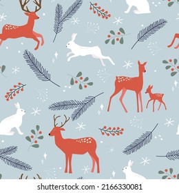 Seamless pattern with winter forest print. Adult deer, hares, trees, spruce in the snow, berries. Vector graphics.