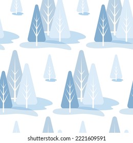 Seamless pattern of winter forest with simple trees on isolated white background. Geometric design for wrapping paper, scrapbook, greeting card, celebration of Christmas, New Year, Winter holidays.