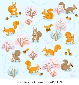 Seamless pattern of winter forest with squirrels between trees / Seamless pattern of winter forest in flat and cartoon style
