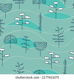 Seamless pattern with winter forest. Stylized colorful trees. Endless texture, backdrop with abstract elements of plants. Print for textile, wallpaper, covers, surface. Retro stylization.