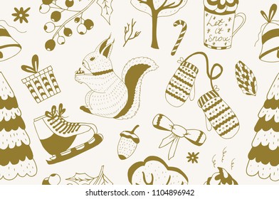 Seamless pattern with winter forest tree, squirrel, mittens, bell, cute decorative elements.