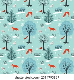 seamless pattern winter in the forest and wild animals