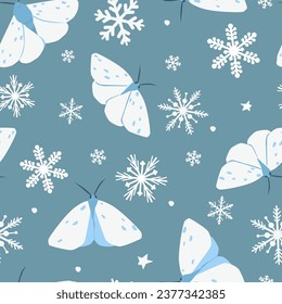 Seamless pattern with winter frosty ornament. White butterflies, moths on a background of snowflakes. Abstract vector graphics.