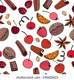 Seamless pattern with winter fruits and berries - apple,spice and nuts. Endless texture.