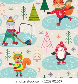 seamless pattern winter fun with animals on skating - vector illustration, eps