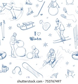 Seamless pattern of winter fun, games with snow. Vector sketches on white background.