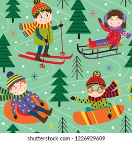 seamless pattern winter fun with kids on ski  - vector illustration, eps