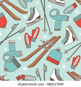 Seamless pattern with winter fun and winter symbols. Colorful backdrop vector with sketch objects and hand drawn icon. Doodle wallpaper design activity accessories 