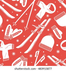 Seamless pattern with winter fun and winter symbols. Colorful backdrop vector with sketch objects and hand drawn icon. Doodle wallpaper design activity accessories 