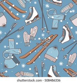 Seamless pattern with winter fun and winter symbols. Colorful backdrop vector with sketch objects and hand drawn icon. Doodle wallpaper design. Illustration with activity accessories 