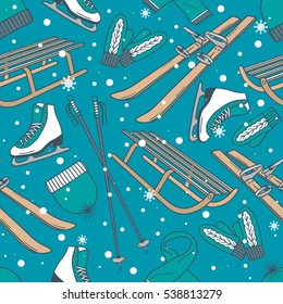Seamless pattern with winter fun and winter symbols. Colorful backdrop with sketch objects and hand drawn icons. Illustration with activity accessories. Decorative wallpaper, good for printing
