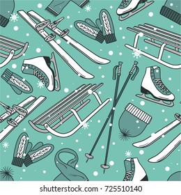 Seamless pattern with winter fun and winter symbols. Colorful hand drawn backdrop vector. Overlapping background with activity accessories. Decorative wallpaper, good for printing. Poster design