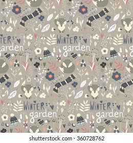 Seamless pattern with winter garden flowers, foxes and scarf, hat and mittens, vector illustration