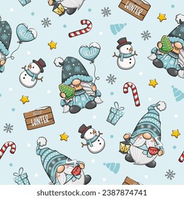 Seamless Pattern Winter Gnome, Christmas Gnome. Cute Cartoon Illustration