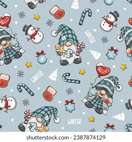 Seamless Pattern Winter Gnome And Snowman, Christmas Gnome. Cute Cartoon Illustration