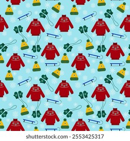 Seamless pattern with a winter hat, sweater, mittens, sled, snowflakes on a blue background.Winter clothes, winter mood. Modern flat pattern for packaging, fabric, t-shirt, sweatshirt, wall design.