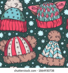 Seamless pattern with winter hats and snowflakes, dark background. Colorful design for wallpaper, surface textures, fabric prints. Season greeting digital paper. Vector illustration