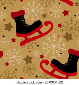 
nahtloses Muster. Winterurlaub mit Weihnachtsgeschichten, Canyons, Schneeflocken auf goldenem Hintergrund. Festliche Weihnachtsgrafik.