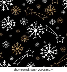 
seamless pattern. Winter holiday with a Christmas story, snowflakes on a black background. Festive Christmas illustration.