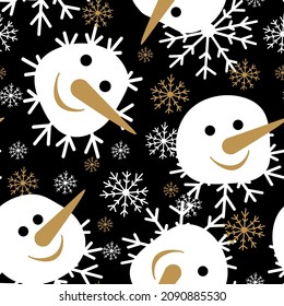 
seamless pattern. Winter holiday with a Christmas story, snowmen on a black background. Festive Christmas illustration.
