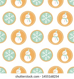 Seamless pattern of winter holiday cookies with snowmen and snowflakes on a white background.