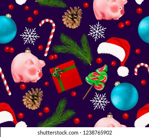 Seamless pattern with winter holiday decor. Set of Christmas Bauble, snowflakes, pig chinese new year symbol, pine branch and cone, red berries, gift box, candies fir tree lollipop and cane