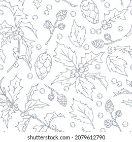 Seamless pattern with winter holiday decor elements isolated. Holly berry branch, pine cone. Line art, contour drawing, doodle hand drawn style. Vector illustration.