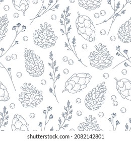 Seamless pattern with winter holiday decor elements isolated. Pine tree cones, holly berry. Line art, contour drawing, doodle hand drawn style. Vector illustration. For gifts packaging, cards.