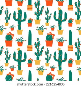 Seamless pattern with Winter holiday decorations. Christmas cactus, scandinavian style branches and xmas tree toys. Leaves, red berries and cacti with festive garlands vector clipart