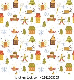 Seamless pattern with winter holiday elements. Cozy houses, Christmas tree, New Year candle and snowflakes, sleigh. Vector colorful illustration hand drawn. Holiday season. Wrapping or fabric print