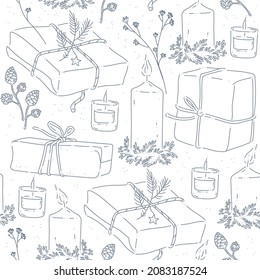 Seamless pattern with winter holiday gifts and decor elements isolated. Presents, candles, fir tree branches. Line art, contour drawing, doodle hand drawn style. Vector illustration.