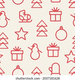 Seamless pattern with winter holiday icons. Merry Christmas and Happy New Year decorative background. Vector illustration.