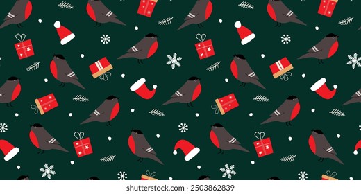 Seamless pattern with winter holiday print. Birds bullfinches gifts, against a background of snowflakes. Vector graphics.