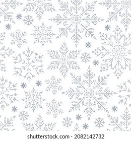 Seamless pattern with winter holiday snowflakes decor elements isolated. Line art, contour drawing, doodle hand drawn style. Vector illustration. For gift packaging.