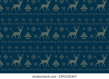 Seamless Pattern of Winter Holiday Theme With Knitted Reindeer, Deer, Holiday Christmas Tree, Snowflake Design, Wallpaper, Elegant Ugly Christmas Sweater Pattern