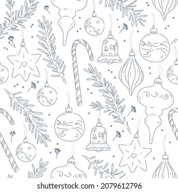 Seamless pattern with winter holiday toys decor elements isolated. Fir tree branches, toys. Line art, contour drawing, doodle hand drawn style. Vector illustration. For Christmas gifts.