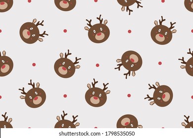 Seamless pattern for winter holidays. Christmas reindeer seamless pattern. Hand-drawn flat vector animal character.