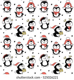 seamless pattern with Winter Holidays cute vector penguins set