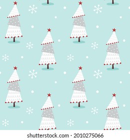 Seamless pattern for winter holidays with hand drawn whimsical trees and snowflakes.
