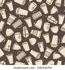 Seamless pattern winter hot drinks tea, coffee, cocoa, chocolate. Vector cartoon illustration. Design print for textile, wallpaper, branding, packing, menu, clothes.