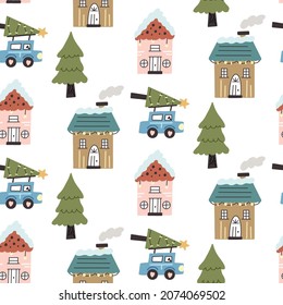 Seamless pattern winter house car with a Christmas tree. Boho cozy scandinavian village cottage Vector Digital paper for nursery wallpaper, baby textile fabric in flat hand drawn style