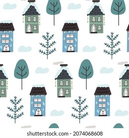 Una casa de invierno sin foco nevará árboles de Navidad. Boho cozy escandinavo chalet de pueblo Vector Papel digital para papel de vivero, tela textil de bebé de estilo plano dibujado a mano