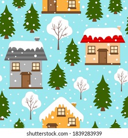 Seamless pattern winter houses with Christmas trees and snowman vector illustration.