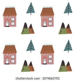 Patrón sin foco con casas de invierno, árboles de Navidad, montañas. Boho cozy escandinavo chalet de pueblo Vector Papel digital para papel de vivero, tela textil de bebé de estilo plano dibujado a mano