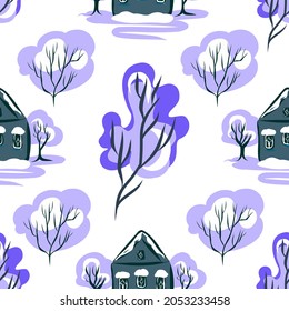 Seamless pattern with winter houses and trees.