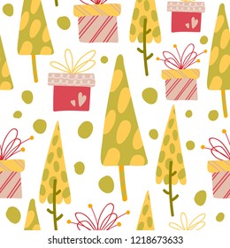 seamless pattern. winter illustration. hand drawn vector. New Year's holidays. cartoon christmas trees, gifts
